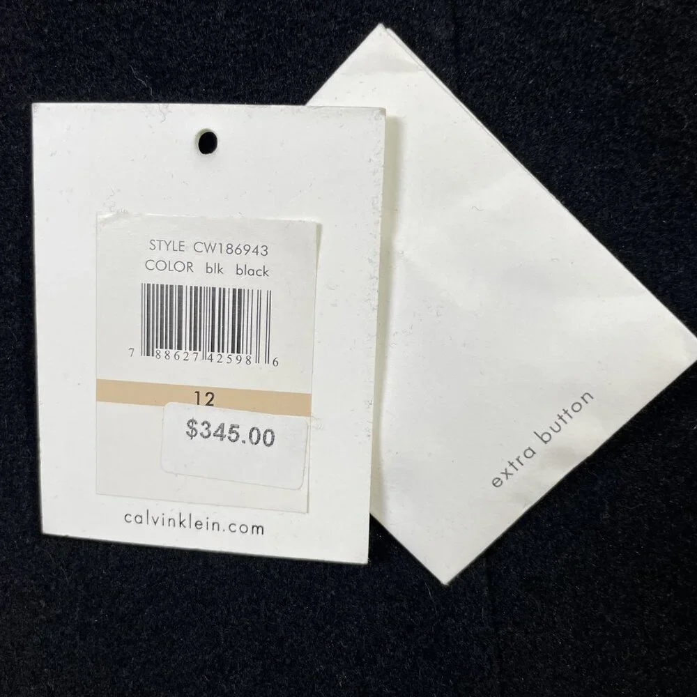 Calvin Klein Wool Blend Belted Tailored Black Coat Collared Knee Length Size 12 - Picture 16 of 16